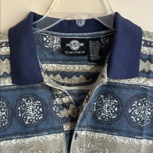 Vintage Santana Navy & Khaki Patterned Polo Large Very Unique